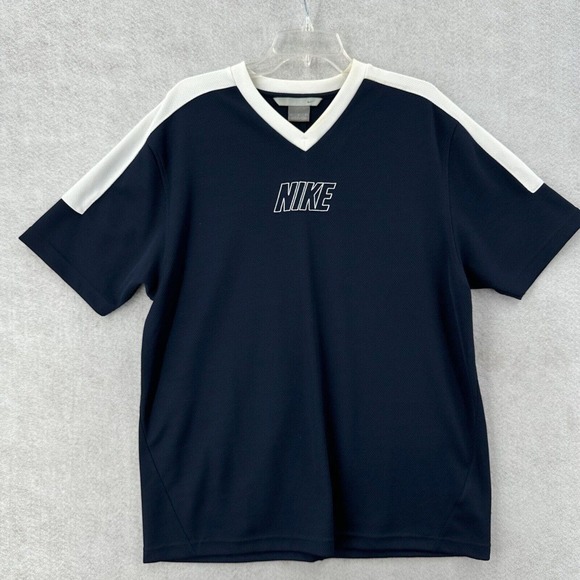 Nike Soccer Shirt Mens LARGE Blue Center Spell Out Outdoor Athletic Quick Dry - Picture 1 of 16